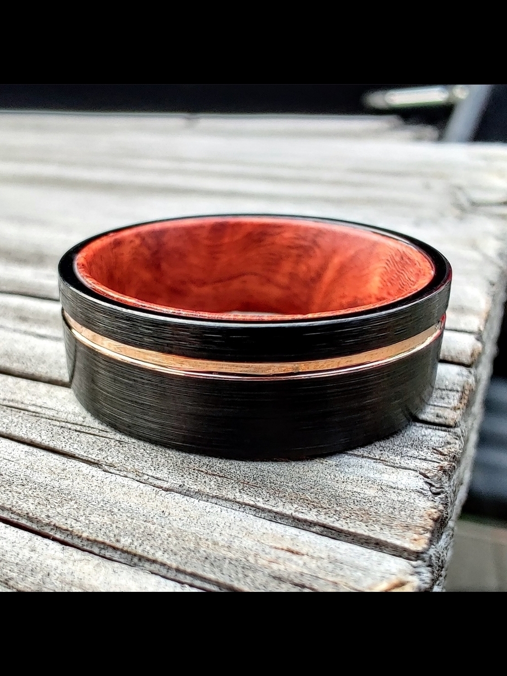 Rosewood With Black Tungsten And Rose Gold Ring Size 11.5